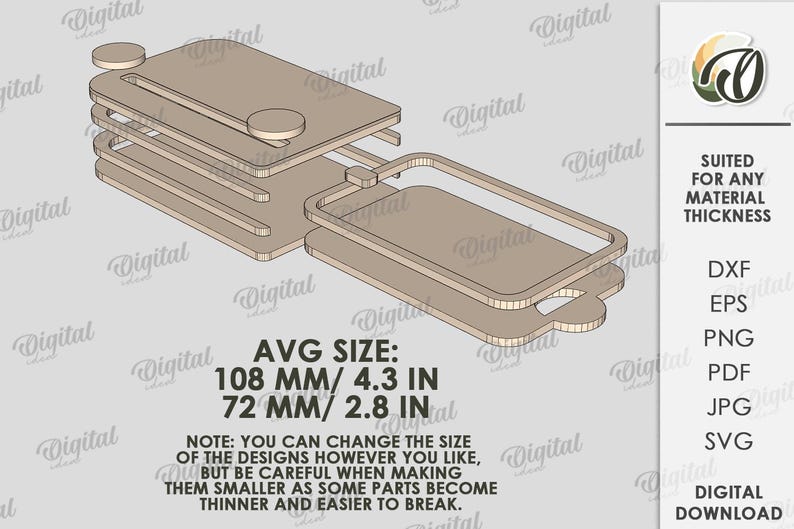 May include: A layered, tan-coloured design with an average size of 108 mm by 72 mm. The design includes rectangular and circular shapes, with a handle-like cutout. Text on the image states "SUITED FOR ANY MATERIAL THICKNESS" and "DIGITAL DOWNLOAD".