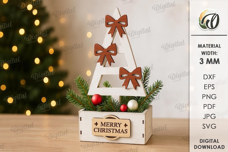 May include: A white wooden Christmas tree decoration with three brown bow accents. The tree sits in a white box with greenery, red and white ornaments, and a "MERRY CHRISTMAS" sign. The material width is 3 mm.