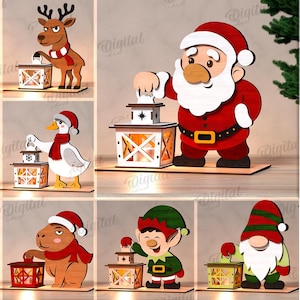 May include: A selection of 10 Christmas-themed wooden lantern designs. Each design features a different character, including Santa Claus, a reindeer, and a penguin, interacting with a lantern. The material width is 3 mm. Digital download.