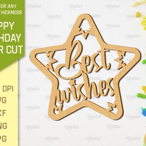 May include: A laser cut wooden star with the words "Best Wishes" inside. The star is a light brown color and is on a white background.