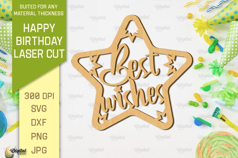 May include: A laser cut wooden star with the words "Best Wishes" inside. The star is a light brown color and is on a white background.