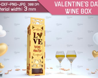 Valentine's day wine box, Love you more svg, wine bottle box laser cut, 3D wooden wine box, valentine quotes svg, wedding wine box, love