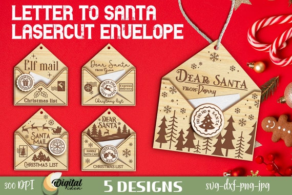 Letter to Santa envelope SVG bundle, Lasercut Dear Santa decor, Santa mail glowforge designs, Christmas wishlist SVG