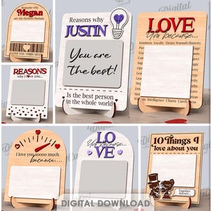 Può includere: Una collezione di 10 design in legno, ognuno con un messaggio unico e spazio per la personalizzazione. I design includono frasi come "Ti amo", "Motivi per cui" e "10 cose che amo di te". Lo spessore del materiale è di 3 mm.
