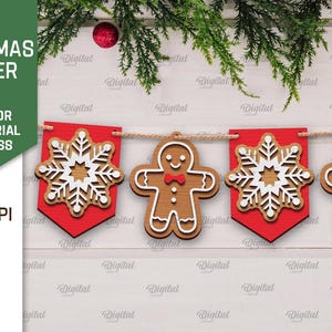 May include: A Christmas banner with red and white snowflakes and gingerbread men. The banner is made of wood and is suitable for any material thickness. The banner is 300 DPI and is available in SVG, DXF, PNG, and JPG formats.