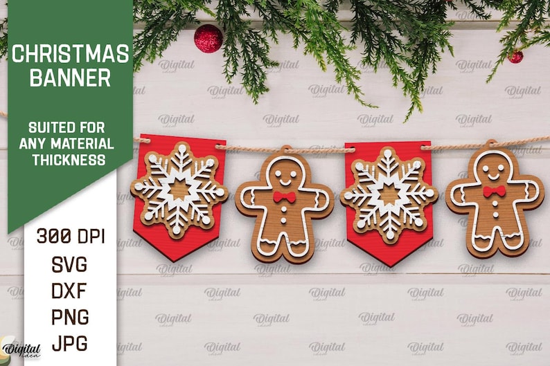 May include: A Christmas banner with red and white snowflakes and gingerbread men. The banner is made of wood and is suitable for any material thickness. The banner is 300 DPI and is available in SVG, DXF, PNG, and JPG formats.