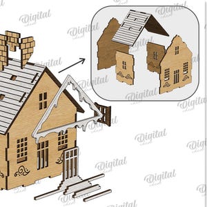May include: A wooden house model with a detailed design, including a chimney, roof, windows, and decorative elements. The model is made of 3 mm thick material. The image also shows the house in separate pieces. The image includes the text "Digital Download".