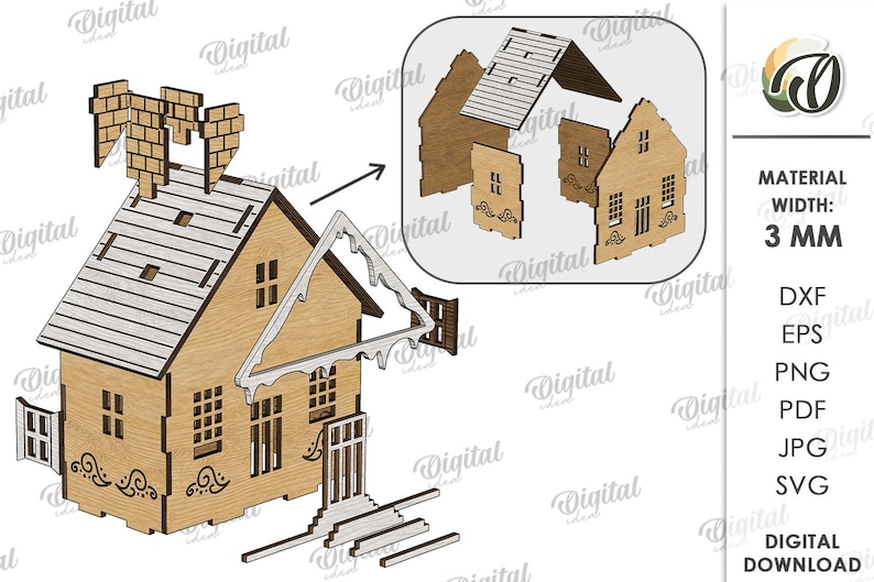 May include: A wooden house model with a detailed design, including a chimney, roof, windows, and decorative elements. The model is made of 3 mm thick material. The image also shows the house in separate pieces. The image includes the text "Digital Download".