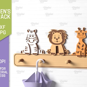 May include: Wooden children's coat rack featuring a zebra, lion, and giraffe design. The rack has four pegs for hanging coats and is suitable for any material thickness. The text "CHILDREN'S COAT RACK" is visible.