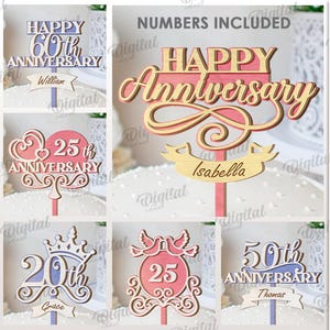 Könnte beinhalten: Eine Sammlung von zehn Tortenaufsätzen mit verschiedenen Jubiläumsdesigns. Die Aufsätze zeigen Zahlen wie 25., 30., 40., 50. und 60., sowie Namen. Die Designs beinhalten florale, Herz- und Kronenmotive, geeignet für jede Materialstärke.