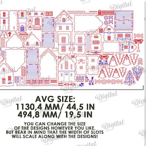 May include: A digital download of laser cut designs for a village scene. The designs include houses, churches, trees, and fences. The average size is 44.5 inches by 19.5 inches. The material width is 3 mm.