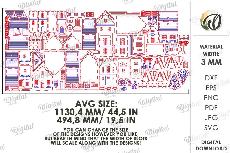 May include: A digital download of laser cut designs for a village scene. The designs include houses, churches, trees, and fences. The average size is 44.5 inches by 19.5 inches. The material width is 3 mm.