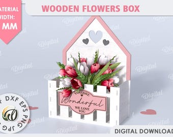 3D Flower gift box, mothers day gift lasercut, you are wonderful, rustic bouquet holder with handle, wooden storage basket svg, flower crate