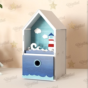 Caja de casa para niños 3D, almacenamiento de juguetes para niños cortado con láser, plantilla de caja de madera para bebé, faro SVG, marino, caja con forma de casa con cajón