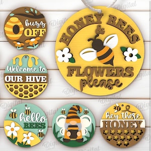 3D Bee round sign bundle, wooden hanger laser cut, round layered sign, paper cut, hanging bees porch sign, honey bee quotes and sayings svg