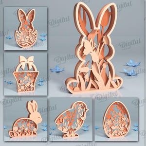 3D Easter layered decor bundle, floral stands laser cut, Easter home decor, boho svg, free standing, Easter bunny stand alone, spring decor