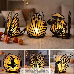 May include: A collection of ten black laser-cut decorative light holders featuring various designs including a skull, witch hat, pumpkin, ghost, mushrooms, and bat. The items are 3 mm thick and available in DXF, EPS, PNG, PDF, JPG, and SVG file formats.