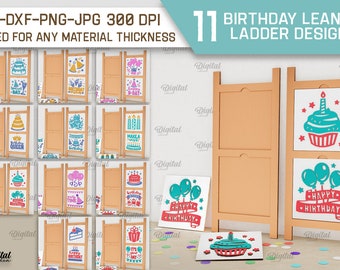 Cumpleaños Escalera inclinada Paquete de letreros intercambiables, azulejos intercambiables 3D cortados con láser SVG, marco de pie SVG, letreros de escalera de madera