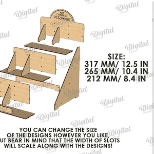 May include: A disassembled wooden display stand with multiple shelves and supports. The dimensions are 317 mm / 12.5 in, 265 mm / 10.4 in, and 212 mm / 8.4 in. The material width is 3 mm. The text says "Art with a Purpose".