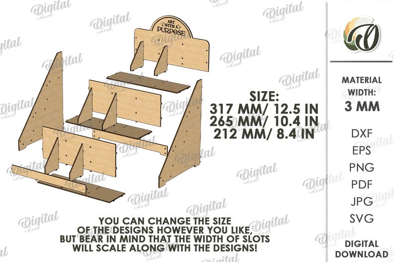 May include: A disassembled wooden display stand with multiple shelves and supports. The dimensions are 317 mm / 12.5 in, 265 mm / 10.4 in, and 212 mm / 8.4 in. The material width is 3 mm. The text says "Art with a Purpose".