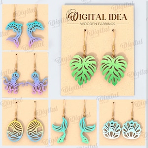 May include: Ten digital designs for wooden earrings featuring various ocean-themed motifs, including seashells, mermaids, starfish, and ocean waves. The designs are suitable for any material thickness.  The text "DIGITAL IDEA WOODEN EARRINGS" is displayed on the image.