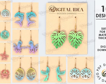 Paquete de aretes colgantes de verano, joyas cortadas con láser, vida marina SVG, aretes colgantes de madera, concha marina, plantilla de aretes, playa, océano, estrella de mar