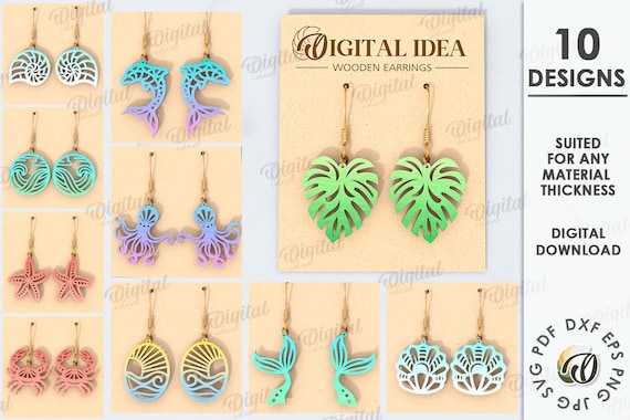 Summer drop earrings bundle, jewelry laser cut, sea life svg, wooden dangle earrings, seashell, earrings template, beach, ocean, starfish