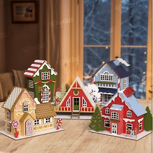 3D Christmas houses bundle, Christmas stands laser cut, wooden Xmas village decor svg, shelf sitter, 3D Xmas house model, rustic