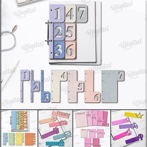 Könnte beinhalten: Digitaler Download mit 10 Design-Sets. Das Bild zeigt lasergeschnittene Designs, darunter Zahlen, Lesezeichen und Planungselemente. Die Designs sind in Pastellfarben gehalten und für jede Materialstärke geeignet.
