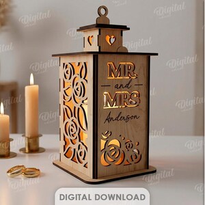Paket med personliga bröllopslyktor, laserskurna teljushållare, värmeljuslykta, herr och fru svg, rustik blommig lampa bild 7