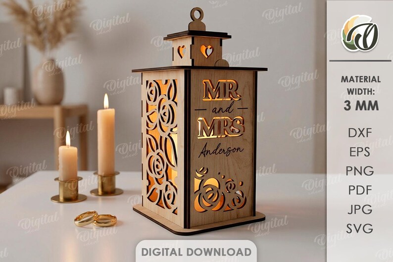Paket med personliga bröllopslyktor, laserskurna teljushållare, värmeljuslykta, herr och fru svg, rustik blommig lampa bild 7