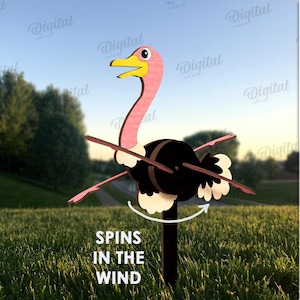 3D Garden whirligig decor, lawn wind spinner laser cut, ostrich, emu, wooden garden stake svg, farmhouse decoration, funny animal, whirlygig