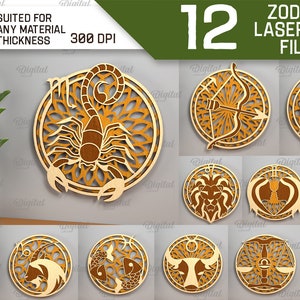 Zestaw dekoracji ściennych 3D Zodiac, warstwowy laserowo wycinany znak zodiaku, wycinany papier horoskopowy, astrologia SVG, horoskop SVG, znak ścienny svg, wystrój domu