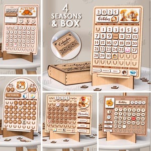 Puede incluir: Calendarios perpetuos de madera con temas otoñales, que muestran el año 2025 y meses como octubre y noviembre. Los calendarios se muestran sobre soportes, con una caja etiquetada como "Calendar Box". La imagen también incluye texto que indica 5 diseños y un ancho de material de 3 mm.