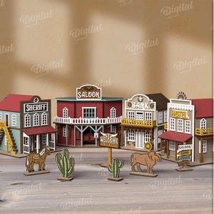3D Wild west town bundle, western laser cut, saloon model svg, wooden bank shelf sitter, kids toys svg, cowboy animals, sheriff, hotel