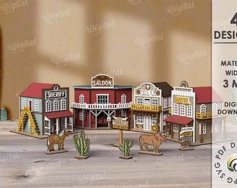 3D Wild west Stadt Bundle, Western Laserschnitt, Saloon Modell svg, Holzbank Regalsitzer, Kinderspielzeug svg, Cowboy Tiere, Sheriff, Hotel