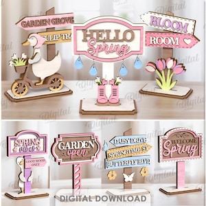Puede incluir: Un conjunto de 10 letreros de madera con temática primaveral, de unos 3 mm de grosor, con frases como «Bienvenida Primavera» y «Garden Grove». Los diseños incluyen un pato en un scooter y tulipanes. Varias formas y colores.
