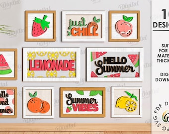 3D Mini summer signs bundle, layered sign laser cut, summer quotes svg, welcome sign, fruits svg, wooden hanging wall decor