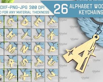 Alphabet keychains bundle, personalized a to z keychain laser cut, boho letters, wooden key chain svg, key ring laser cut svg, celestial svg