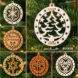 Puede incluir: Una colección de diez diseños de adornos navideños de madera. Los adornos presentan varios patrones festivos, incluyendo copos de nieve, estrellas y un árbol de Navidad. El ancho del material es de 3 mm. Descarga digital.