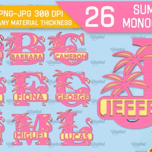 Paquete de monogramas del alfabeto de verano 3D, corte láser monograma, letra a a z svg, corte de papel tropical personalizado, corte láser del alfabeto personalizado