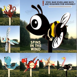 May include: A collection of 10 whimsical animal wind spinners, including a bee, fish, monkey, and dragon. The designs are made of wood and are 3 mm wide. The text "Spins in the Wind" is displayed. Digital download.