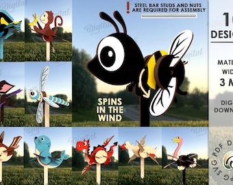 3D Garden whirligig decors bundle, lawn wind spinner laser cut, wooden garden stakes svg, farmhouse decoration svg, funny animals, whirlygig