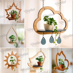 Może przedstawiać: Kolekcja dziesięciu drewnianych wiszących donic w różnych kształtach, każda z rośliną doniczkową. Projekty obejmują kształty chmur, słońca i liści. Szerokość materiału: 3 mm. Pobranie cyfrowe.
