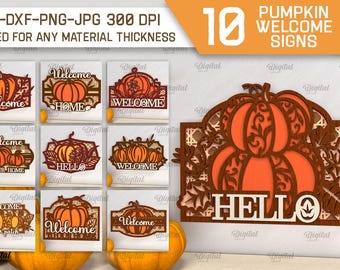 May include: Ten digital cut files for pumpkin welcome signs. The signs feature various designs with pumpkins and the words "Welcome", "Welcome Home", "Welcome to Our Home", "Welcome to Our Patch", and "Hello".