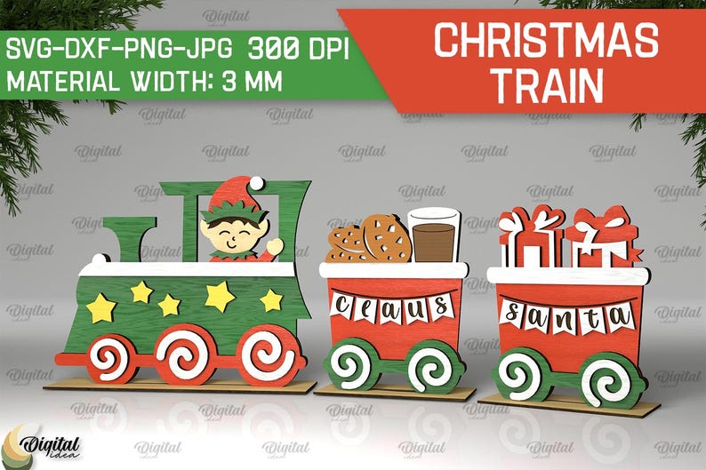 May include: A Christmas train set with three cars. The first car is green and features an elf. The second car is red and says "Claus". The third car is red and says "Santa".