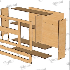 May include: A digital download of a 3D model for a wooden shelf unit. The model is made up of individual pieces that can be cut out of 3 mm thick plywood. The shelf unit has two shelves and a small opening in the back.