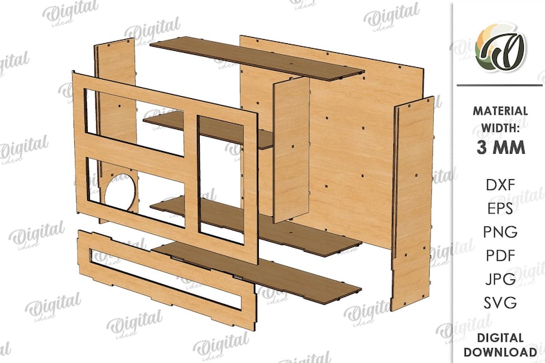 May include: A digital download of a 3D model for a wooden shelf unit. The model is made up of individual pieces that can be cut out of 3 mm thick plywood. The shelf unit has two shelves and a small opening in the back.
