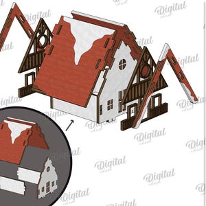 May include: A wooden model of a house with a red roof and white accents, designed for digital download. The house features a detailed facade with windows and balconies. The material width is 3 mm. The image also includes a circular inset showing the house's components.
