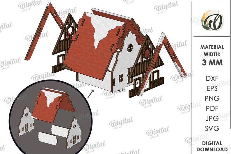 May include: A wooden model of a house with a red roof and white accents, designed for digital download. The house features a detailed facade with windows and balconies. The material width is 3 mm. The image also includes a circular inset showing the house's components.